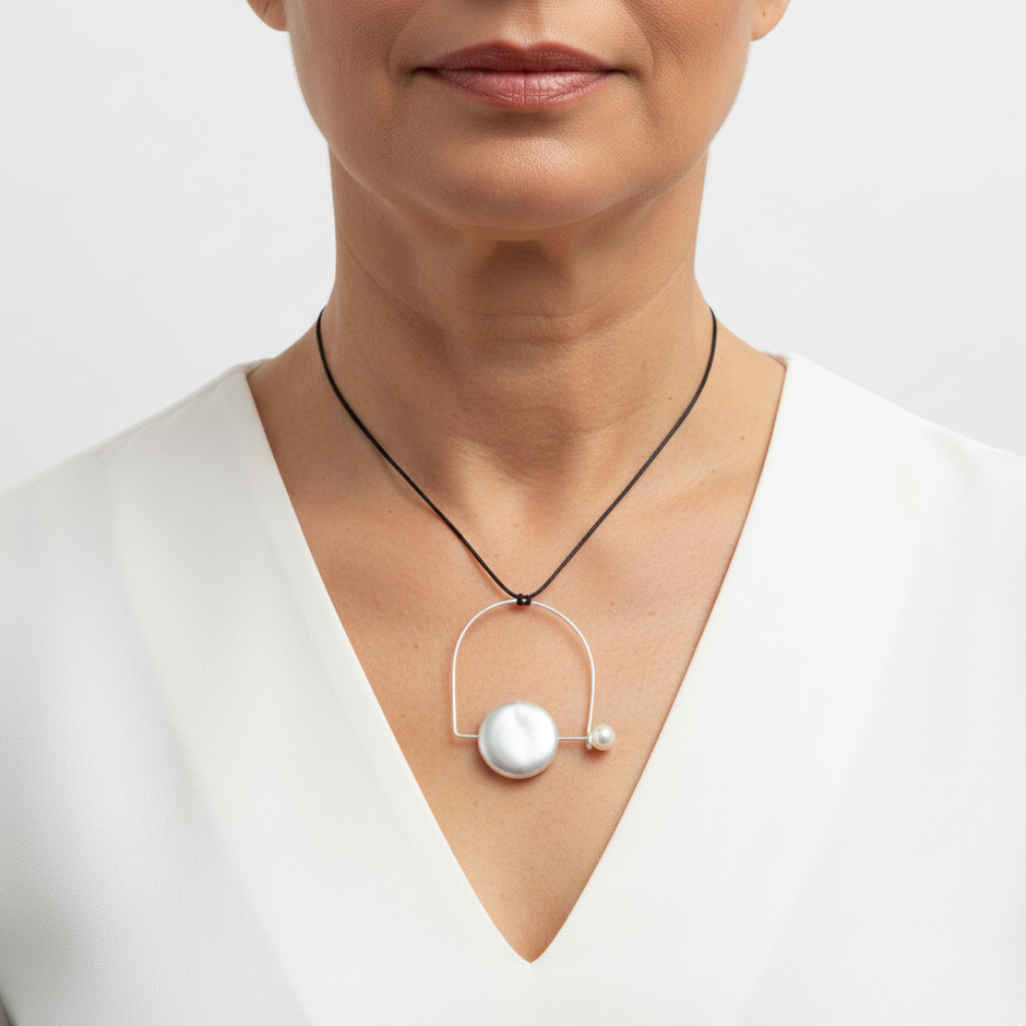 Silver Arc & Pearl Pendant